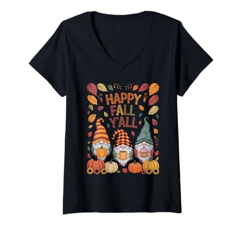 Damen Happy Fall Y'all Zwerg Herbst Kürbis Thanksgiving Lover T-Shirt mit V-Ausschnitt von Happy Fall Y’all Gnome Autumn Pumpkin Season Women