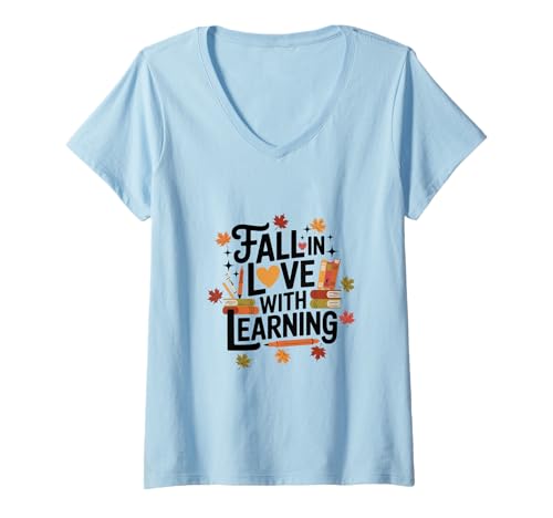 Damen Verlieben Sie Sich in Learning Autumn Back to School Book Reader T-Shirt mit V-Ausschnitt Damen Verlieben Sie Sich in Learning Autumn Back to School Book Reader T-Shirt mit V-Ausschnitt von Happy Fall Y'all Thanksgiving Autumn Fall Apparel