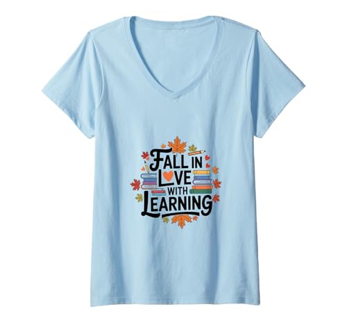 Damen Verlieben Sie Sich in Learning Autumn Back to School Book Reader T-Shirt mit V-Ausschnitt Damen Verlieben Sie Sich in Learning Autumn Back to School Book Reader T-Shirt mit V-Ausschnitt von Happy Fall Y'all Thanksgiving Autumn Fall Apparel