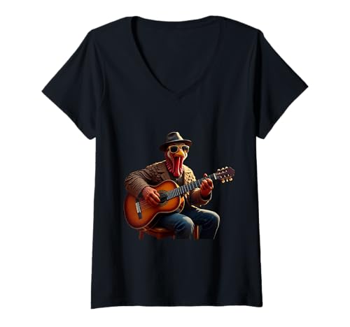 Damen Happy Fall Y'all Turkey Gitarrist Thanksgiving Fun T-Shirt mit V-Ausschnitt Damen Happy Fall Y'all Turkey Gitarrist Thanksgiving Fun T-Shirt mit V-Ausschnitt von Happy Fall Y'all Turkey Guitar Player Fun