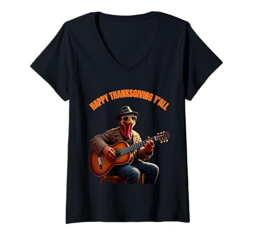 Damen Thanksgiving Truthahn spielt die Gitarre Türkei Tag Spaß T-Shirt mit V-Ausschnitt Damen Thanksgiving Truthahn spielt die Gitarre Türkei Tag Spaß T-Shirt mit V-Ausschnitt von Happy Fall Y'all Turkey Guitar Player Fun