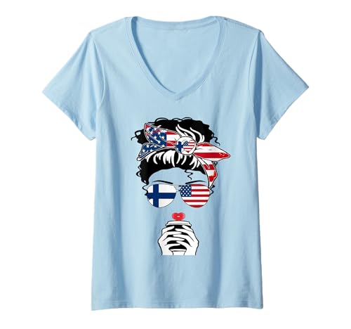 Damen Finnish American Coffee Mama Girl Sis Aunt Finnland USA Flagge T-Shirt mit V-Ausschnitt Damen Finnish American Coffee Mama Girl Sis Aunt Finnland USA Flagge T-Shirt mit V-Ausschnitt von Happy Finland America Day Finnish American Pride