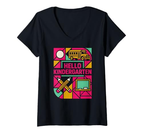 Damen Lehrerin Hallo Kindergarten Süße Frauen sind wieder in der Schule T-Shirt mit V-Ausschnitt von Happy First Day Back To School Fun Teacher Outfits