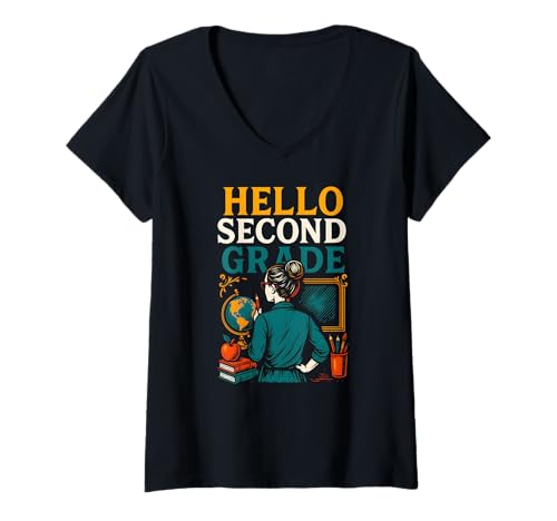 Damen Schullehrerin, Hallo, zweite Klasse, süßer erster Tag für Frauen T-Shirt mit V-Ausschnitt von Happy First Day Back To School Fun Teacher Outfits