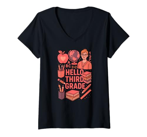 Damen Teacher Hello, dritter Klasse, süßer Frauentag T-Shirt mit V-Ausschnitt von Happy First Day Back To School Fun Teacher Outfits