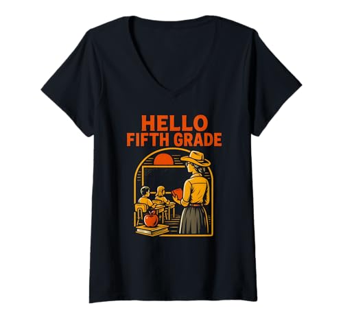 Damen Teacher Hello, fünfte Klasse, süßer Frauentag T-Shirt mit V-Ausschnitt Damen Teacher Hello, fünfte Klasse, süßer Frauentag T-Shirt mit V-Ausschnitt von Happy First Day Back To School Fun Teacher Outfits