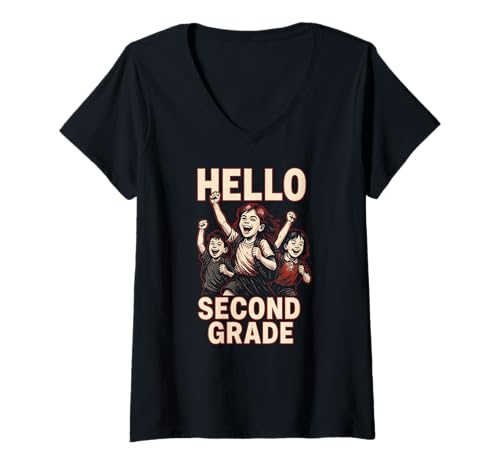 Damen „Back to School Hello Second Grade“, süßes Lehrer-Outfit für Damen T-Shirt mit V-Ausschnitt von Happy First Day Of School ABCD Teacher Outfits