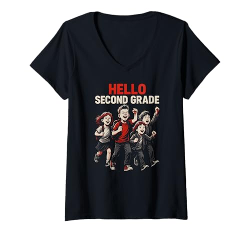 Damen „Back to School Hello Second Grade“, süßes Lehrer-Outfit für Damen T-Shirt mit V-Ausschnitt Damen „Back to School Hello Second Grade“, süßes Lehrer-Outfit für Damen T-Shirt mit V-Ausschnitt von Happy First Day Of School ABCD Teacher Outfits
