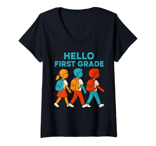 Damen Erster Tag Hallo, süße Lehrerin der ersten Klasse T-Shirt mit V-Ausschnitt Damen Erster Tag Hallo, süße Lehrerin der ersten Klasse T-Shirt mit V-Ausschnitt von Happy First Day Of School ABCD Teacher Outfits