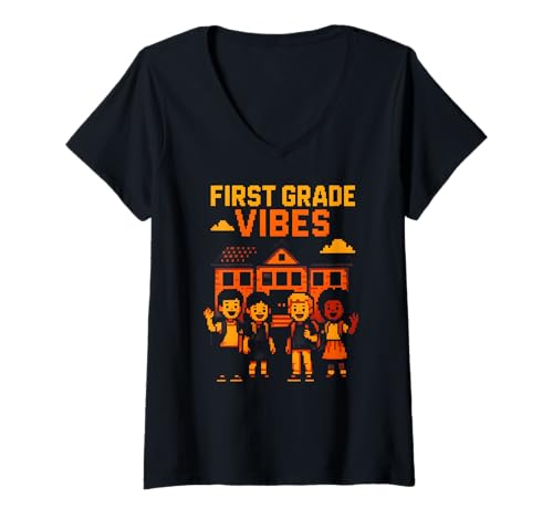 Damen Teacher First Grade Vibes Süße Damen zurück zur Schule T-Shirt mit V-Ausschnitt Damen Teacher First Grade Vibes Süße Damen zurück zur Schule T-Shirt mit V-Ausschnitt von Happy First Day Of School ABCD Teacher Outfits