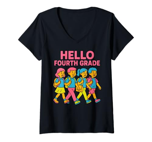 Damen Teacher Hello Fourth Grade Süße Frauen sind wieder in der Schule T-Shirt mit V-Ausschnitt von Happy First Day Of School ABCD Teacher Outfits
