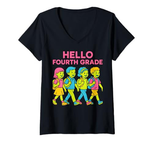 Damen Teacher Hello Fourth Grade Süße Frauen sind wieder in der Schule T-Shirt mit V-Ausschnitt Damen Teacher Hello Fourth Grade Süße Frauen sind wieder in der Schule T-Shirt mit V-Ausschnitt von Happy First Day Of School ABCD Teacher Outfits