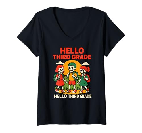 Damen Zurück zur Schule Hallo, dritter Klasse, erster Tag einer süßen Frau T-Shirt mit V-Ausschnitt Damen Zurück zur Schule Hallo, dritter Klasse, erster Tag einer süßen Frau T-Shirt mit V-Ausschnitt von Happy First Day Of School ABCD Teacher Outfits
