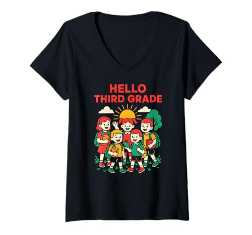 Damen Zurück zur Schule Hallo, dritter Klasse, erster Tag einer süßen Frau T-Shirt mit V-Ausschnitt Damen Zurück zur Schule Hallo, dritter Klasse, erster Tag einer süßen Frau T-Shirt mit V-Ausschnitt von Happy First Day Of School ABCD Teacher Outfits