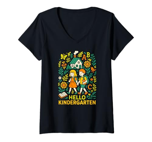Damen Zurück zur Schule Hallo Kindergarten Süße Kinder ABCD T-Shirt mit V-Ausschnitt von Happy First Day Of School ABCD Teacher Outfits