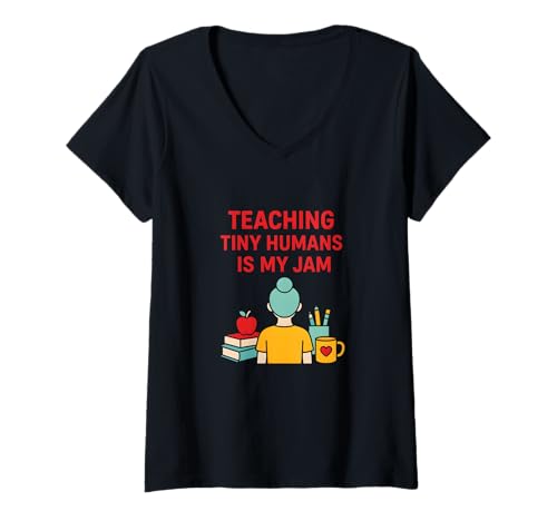 Damen Erster Schultag, an dem Tiny Humans Is My Jam Cute unterrichtet wird ABDC T-Shirt mit V-Ausschnitt von Happy First Day Of School Cute Teacher Outfits