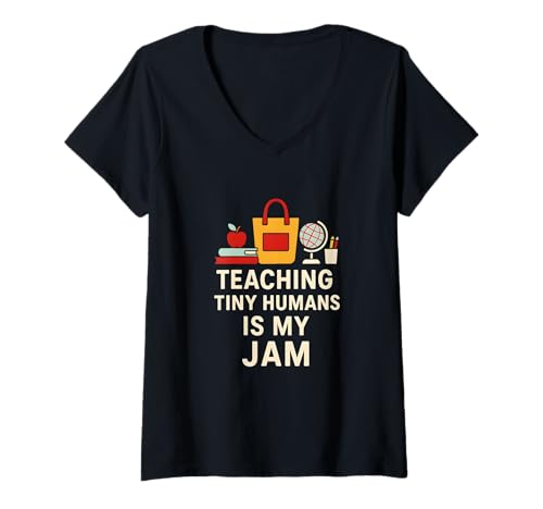 Damen Erster Schultag, an dem Tiny Humans Is My Jam Cute unterrichtet wird ABDC T-Shirt mit V-Ausschnitt von Happy First Day Of School Cute Teacher Outfits