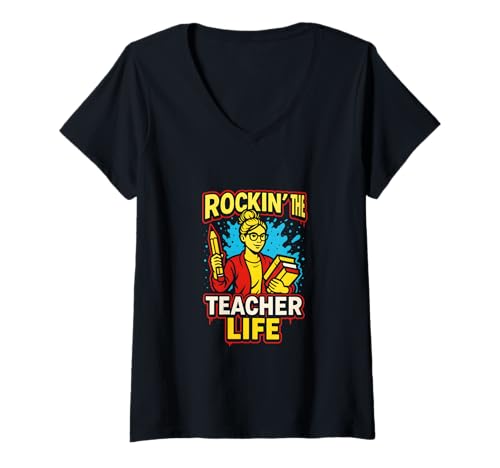 Damen First Day Teacher Rockin' The Teacher Life Süße ABCD für Damen T-Shirt mit V-Ausschnitt von Happy First Day Of School Cute Teacher Outfits