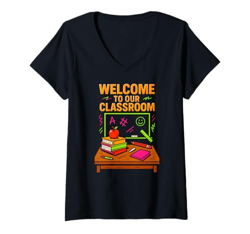 Damen Lehrerin für den ersten Tag, Willkommen in unserem Klassenzimmer. Süße ABCD für Frauen T-Shirt mit V-Ausschnitt von Happy First Day Of School Cute Teacher Outfits