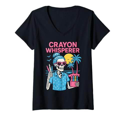 Damen Vorschullehrer Crayon Whisperer Cute Womens ABCD T-Shirt mit V-Ausschnitt von Happy First Day Of School Cute Teacher Outfits