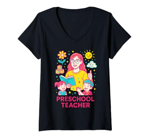 Damen Vorschullehrer Cute Womens ABCD School T-Shirt mit V-Ausschnitt von Happy First Day Of School Cute Teacher Outfits