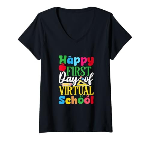 Damen Abenteuer im virtuellen Klassenzimmer beginnen Der erste Tag, Spaß, Lehrer T-Shirt mit V-Ausschnitt Damen Abenteuer im virtuellen Klassenzimmer beginnen Der erste Tag, Spaß, Lehrer T-Shirt mit V-Ausschnitt von Happy First Day Of Virtual School