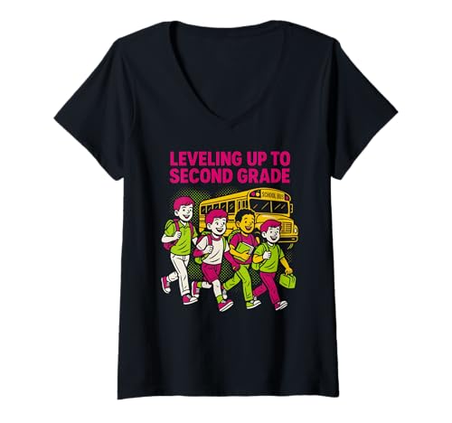 Damen Jungen Leveling Up To Second Grade Cool Kids First Day T-Shirt mit V-Ausschnitt Damen Jungen Leveling Up To Second Grade Cool Kids First Day T-Shirt mit V-Ausschnitt von Happy First Day Teacher Must Haves Back To School
