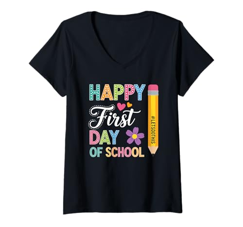 Damen Alles Gute zum ersten Schultag, Pencil Teacher, süßer Schulanfang T-Shirt mit V-Ausschnitt von Happy First Day of School Colorful Teacher Designs