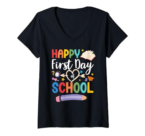 Damen Fröhlicher erster Schultag, lustiges Design T-Shirt mit V-Ausschnitt Damen Fröhlicher erster Schultag, lustiges Design T-Shirt mit V-Ausschnitt von Happy First Day of School Fun