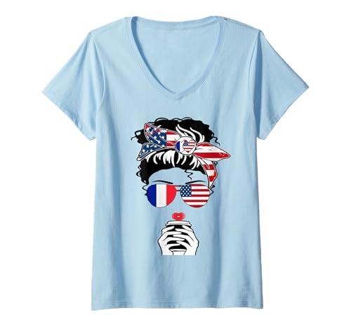 Damen Französisch Amerikanische Kaffee Mama Mädchen Schwester Tante Frankreich USA Flagge T-Shirt mit V-Ausschnitt Damen Französisch Amerikanische Kaffee Mama Mädchen Schwester Tante Frankreich USA Flagge T-Shirt mit V-Ausschnitt von Happy France America Day French American Pride Tee