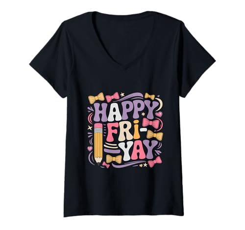 Damen Fri-Yay Lehrer Fry Yay Freitag Wochenende Happy Fri-Yay T-Shirt mit V-Ausschnitt Damen Fri-Yay Lehrer Fry Yay Freitag Wochenende Happy Fri-Yay T-Shirt mit V-Ausschnitt von Happy Fri Yay Teacher Weekend Back To School