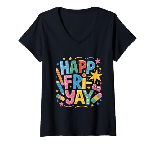 Damen Fröhliches Fri-Yay Teacher Fry Yay Freitagswochenende Süßes Fri-Yay T-Shirt mit V-Ausschnitt Damen Fröhliches Fri-Yay Teacher Fry Yay Freitagswochenende Süßes Fri-Yay T-Shirt mit V-Ausschnitt von Happy Fri Yay Teacher Weekend Back To School