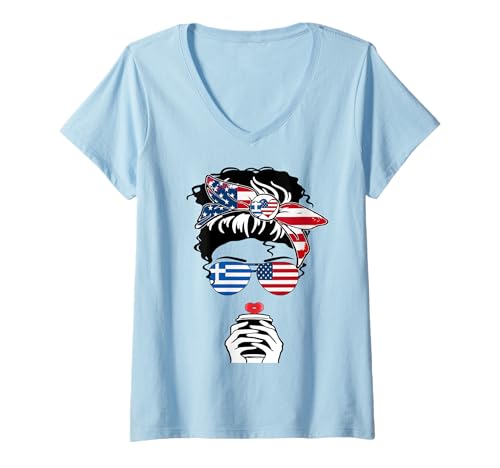 Damen Griechische Amerikanische Kaffee Mama Mädchen Schwester Tante Griechenland USA Flagge T-Shirt mit V-Ausschnitt Damen Griechische Amerikanische Kaffee Mama Mädchen Schwester Tante Griechenland USA Flagge T-Shirt mit V-Ausschnitt von Happy Greek American Heritage Month Greek Pride