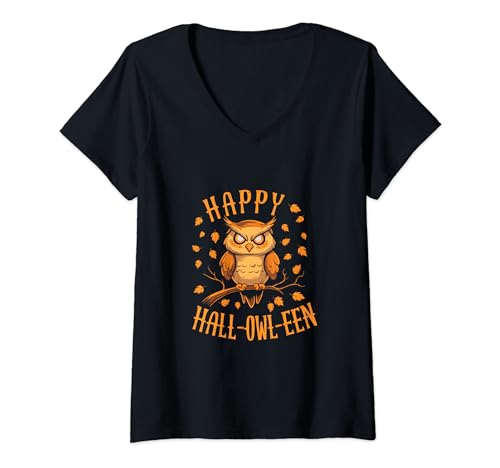 Damen Happy Hall-owl-een Halloween Eule gruselige nächtliche Herbstlaub T-Shirt mit V-Ausschnitt von Happy Hall-owl-een Halloween owl spooky
