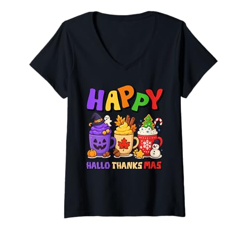 Damen Happy HalloThanksMas Halloween Thanksgiving Christmas Coffee T-Shirt mit V-Ausschnitt Damen Happy HalloThanksMas Halloween Thanksgiving Christmas Coffee T-Shirt mit V-Ausschnitt von Happy HalloThanksMas Funny Coffee Lover Tee