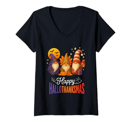Damen Lustige Happy Hallothanksmas Niedliche Zwerge Herbstfeier T-Shirt mit V-Ausschnitt Damen Lustige Happy Hallothanksmas Niedliche Zwerge Herbstfeier T-Shirt mit V-Ausschnitt von Happy Hallothanksmas Gnome Fun for All