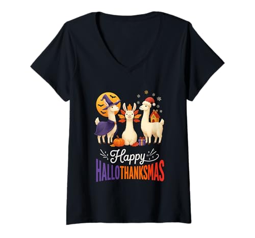 Damen Happy Hallothanksmas Lamas Halloween Thanksgiving Xmas Fun T-Shirt mit V-Ausschnitt Damen Happy Hallothanksmas Lamas Halloween Thanksgiving Xmas Fun T-Shirt mit V-Ausschnitt von Happy Hallothanksmas Llama Celebration Wear