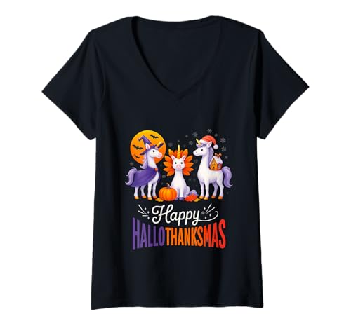 Damen Happy Hallothanksmas Einhörner Halloween Thanksgiving Weihnachten T-Shirt mit V-Ausschnitt Damen Happy Hallothanksmas Einhörner Halloween Thanksgiving Weihnachten T-Shirt mit V-Ausschnitt von Happy Hallothanksmas Unicorns Festive Fun