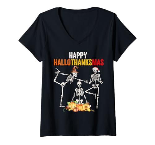 Damen Yoga Skelett Halloween Thanksgiving Xmas Hallothanksmas T-Shirt mit V-Ausschnitt Damen Yoga Skelett Halloween Thanksgiving Xmas Hallothanksmas T-Shirt mit V-Ausschnitt von Happy Hallothanksmas Yoga Designs