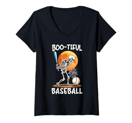 Damen Happy Halloween Baseball Gruselfänger Trick Or Treat T-Shirt mit V-Ausschnitt von Happy Halloween Baseball Trick Or Treat Spooky