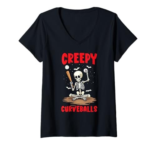 Damen Happy Halloween Baseball Gruselfänger Trick Or Treat T-Shirt mit V-Ausschnitt von Happy Halloween Baseball Trick Or Treat Spooky