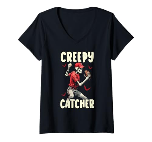 Damen Happy Halloween Baseball Gruselfänger Trick Or Treat T-Shirt mit V-Ausschnitt von Happy Halloween Baseball Trick Or Treat Spooky