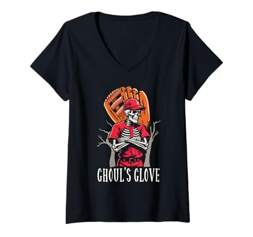 Damen Happy Halloween Baseball Gruselfänger Trick Or Treat T-Shirt mit V-Ausschnitt von Happy Halloween Baseball Trick Or Treat Spooky