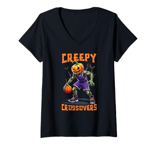 Damen Happy Halloween Basketballspieler Hooper Trick oder Treat T-Shirt mit V-Ausschnitt von Happy Halloween -Basketball -Trick oder