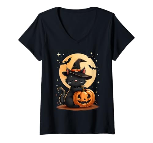 Damen Happy Halloween süße Schwarze Katze Hexenhut Kürbis Gruselig T-Shirt mit V-Ausschnitt Damen Happy Halloween süße Schwarze Katze Hexenhut Kürbis Gruselig T-Shirt mit V-Ausschnitt von Happy Halloween Black Cat Pumpkins Bats Costume