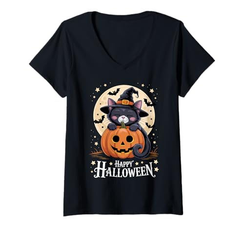 Damen Halloween Schwarze Katze Hexenhut Kürbis Gruselig T-Shirt mit V-Ausschnitt Damen Halloween Schwarze Katze Hexenhut Kürbis Gruselig T-Shirt mit V-Ausschnitt von Happy Halloween Black Cat Pumpkins Bats Costumes