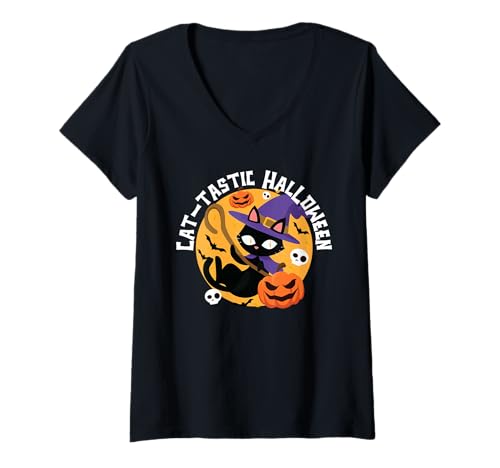 Damen Happy Halloween Katzenbesitzer Gruselige Kitty Trick Or Treat T-Shirt mit V-Ausschnitt Damen Happy Halloween Katzenbesitzer Gruselige Kitty Trick Or Treat T-Shirt mit V-Ausschnitt von Happy Halloween Cat Trick Or Treat Spooky Scary