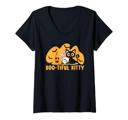 Damen Happy Halloween Katzenbesitzer Gruselige Kitty Trick Or Treat T-Shirt mit V-Ausschnitt Damen Happy Halloween Katzenbesitzer Gruselige Kitty Trick Or Treat T-Shirt mit V-Ausschnitt von Happy Halloween Cat Trick Or Treat Spooky Scary