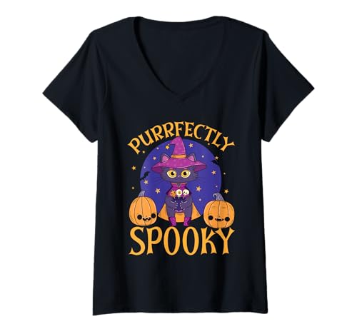 Damen Happy Halloween Katzenbesitzer Gruselige Kitty Trick Or Treat T-Shirt mit V-Ausschnitt Damen Happy Halloween Katzenbesitzer Gruselige Kitty Trick Or Treat T-Shirt mit V-Ausschnitt von Happy Halloween Cat Trick Or Treat Spooky Scary