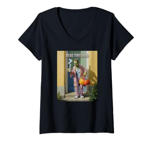 Damen Funny Dead Tired Dad Halloween Zombie Vater T-Shirt mit V-Ausschnitt Damen Funny Dead Tired Dad Halloween Zombie Vater T-Shirt mit V-Ausschnitt von Happy Halloween Dads and Fathers Fun Designs